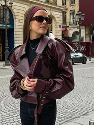 Elegant Wine Red Cropped Leather Jacket For Women Fashion Turn-down Collared Long Sleeve Coat 2024 Spring Chic Streetwear Outfit