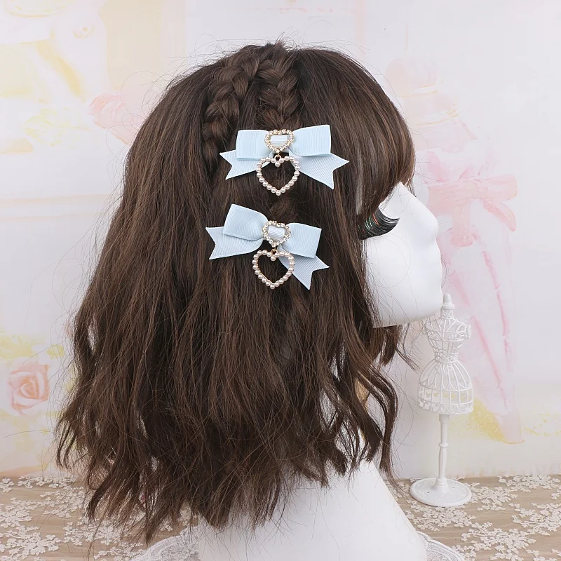 1 Pair Lolita Style Hairclips Y2K Girl Heart Bow Side Hairpin Ribbon Bowknot Hair Clip Set of 2 Women's Hair Accessories