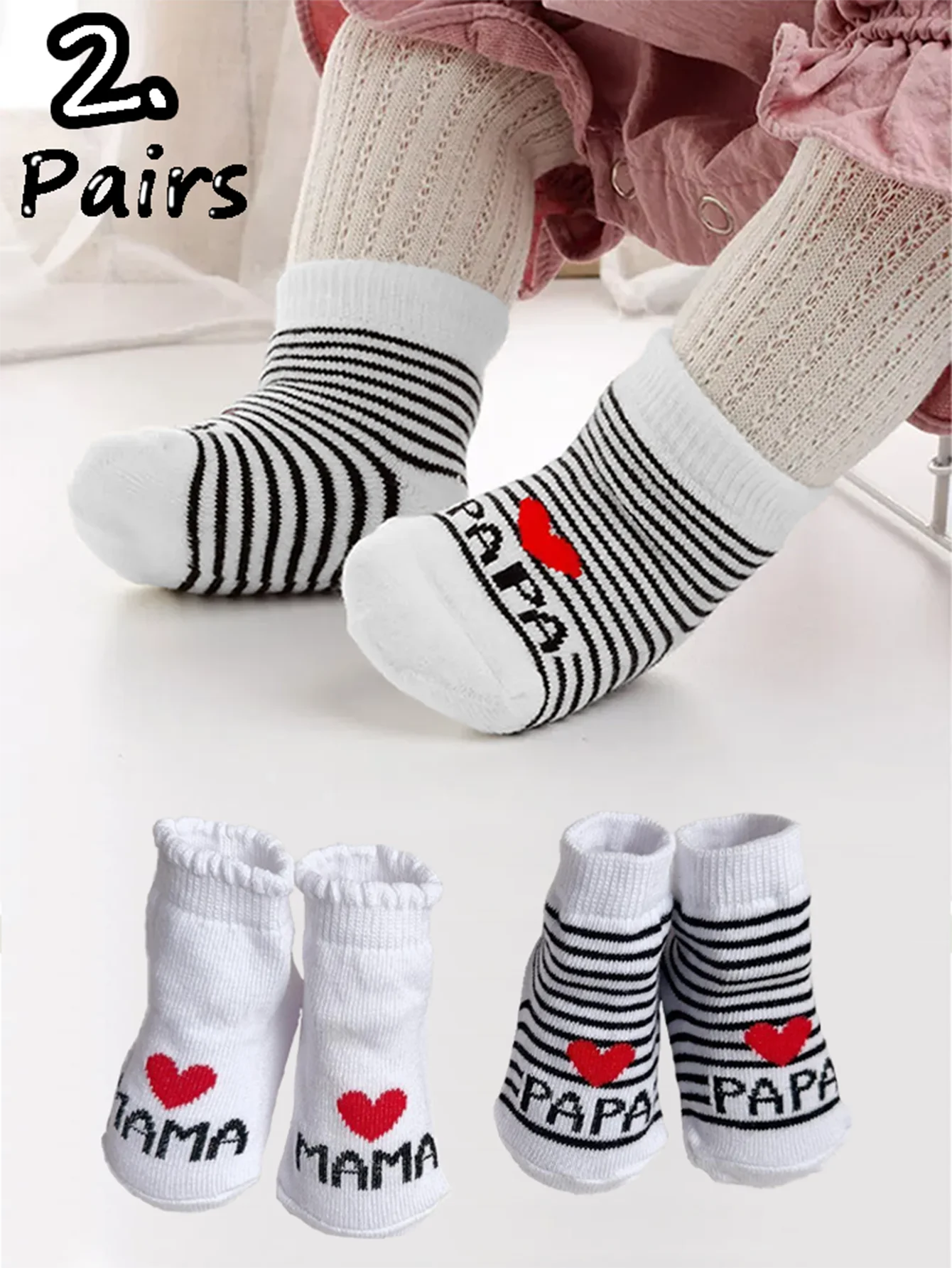 

2 пары носков для новорожденных девочек и мальчиков, белые милые носки с надписью Love Mama & Papa, мягкие хлопковые детские носки, подходящие для повседневной одежды для новорожденных