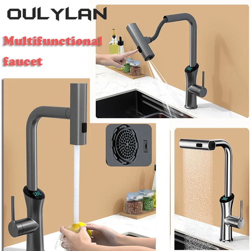 Kitchen Faucet Vegetable Washing Basin Multifunctional LED Digital Display Tap Rotating Pull-out Cold and Hot Water Mixer Faucet