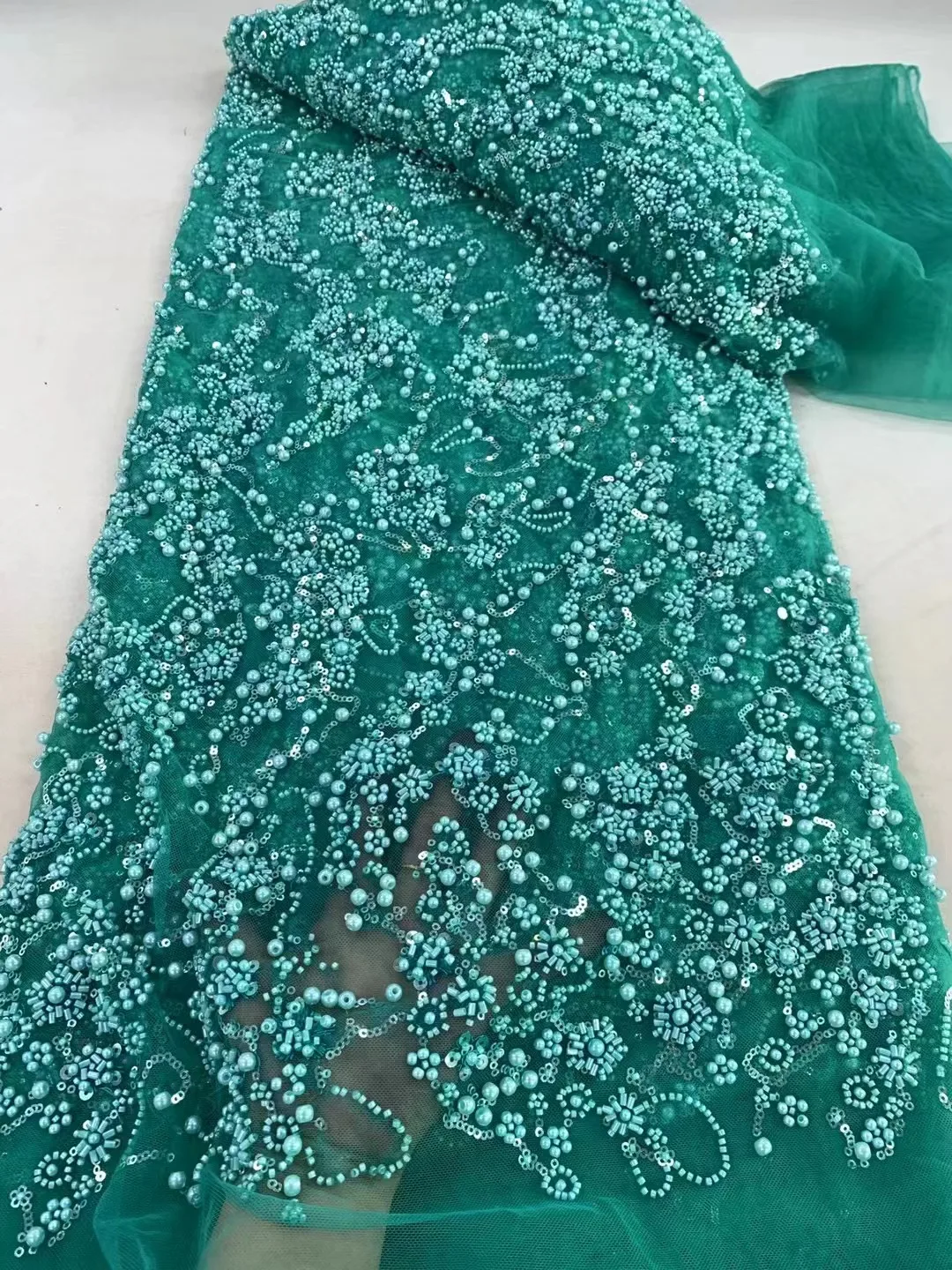 French Lace African Fabrics With Sequence For Wedding Bridal Dubai Glitter Handmade Crystal Beads Luxury Nigerian Beaded Tulle