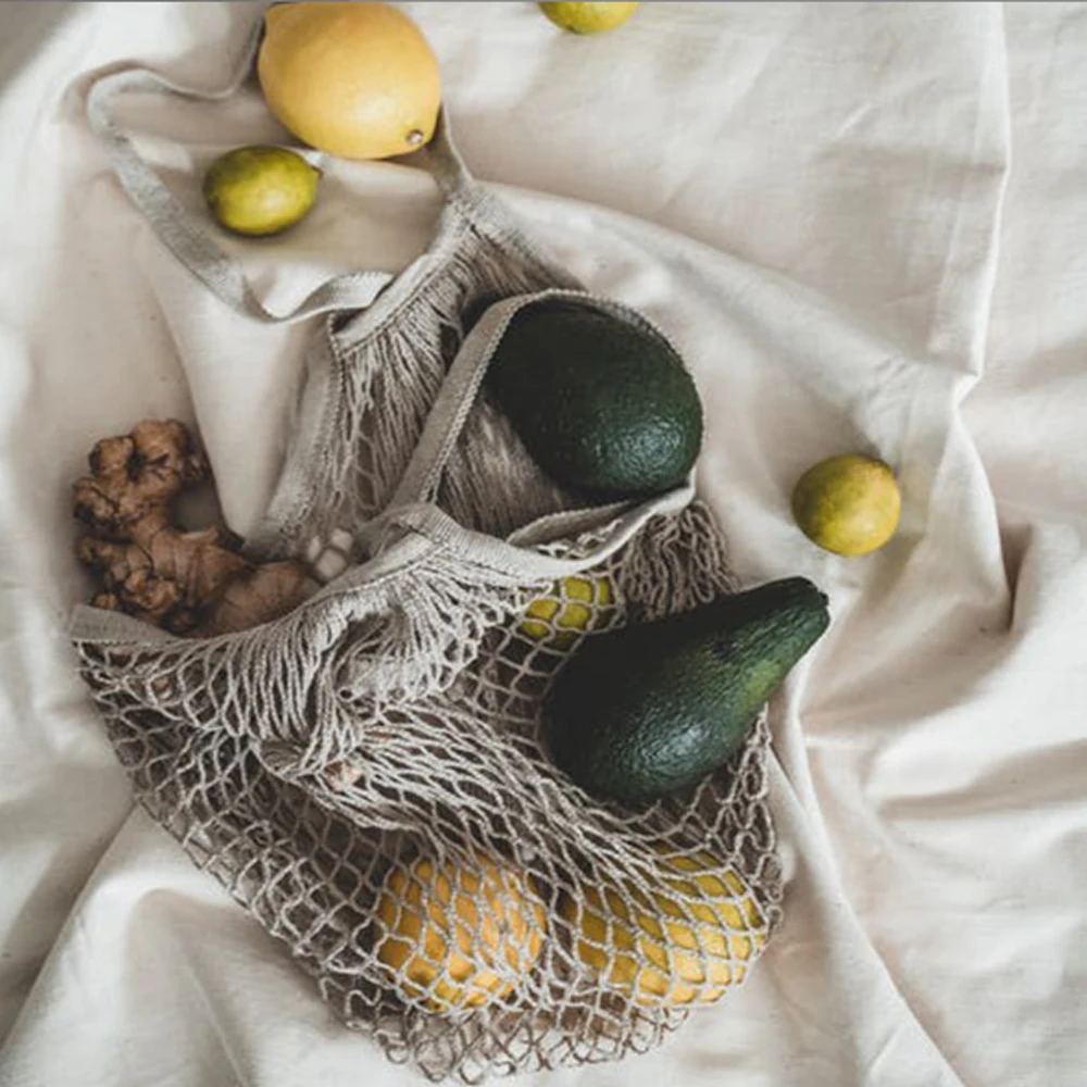 Portable Reusable Kitchen Fruit Vegetable Storage Organizer Handbag Washable Cotton Mesh Short/Long Handle Net Shopping Bags