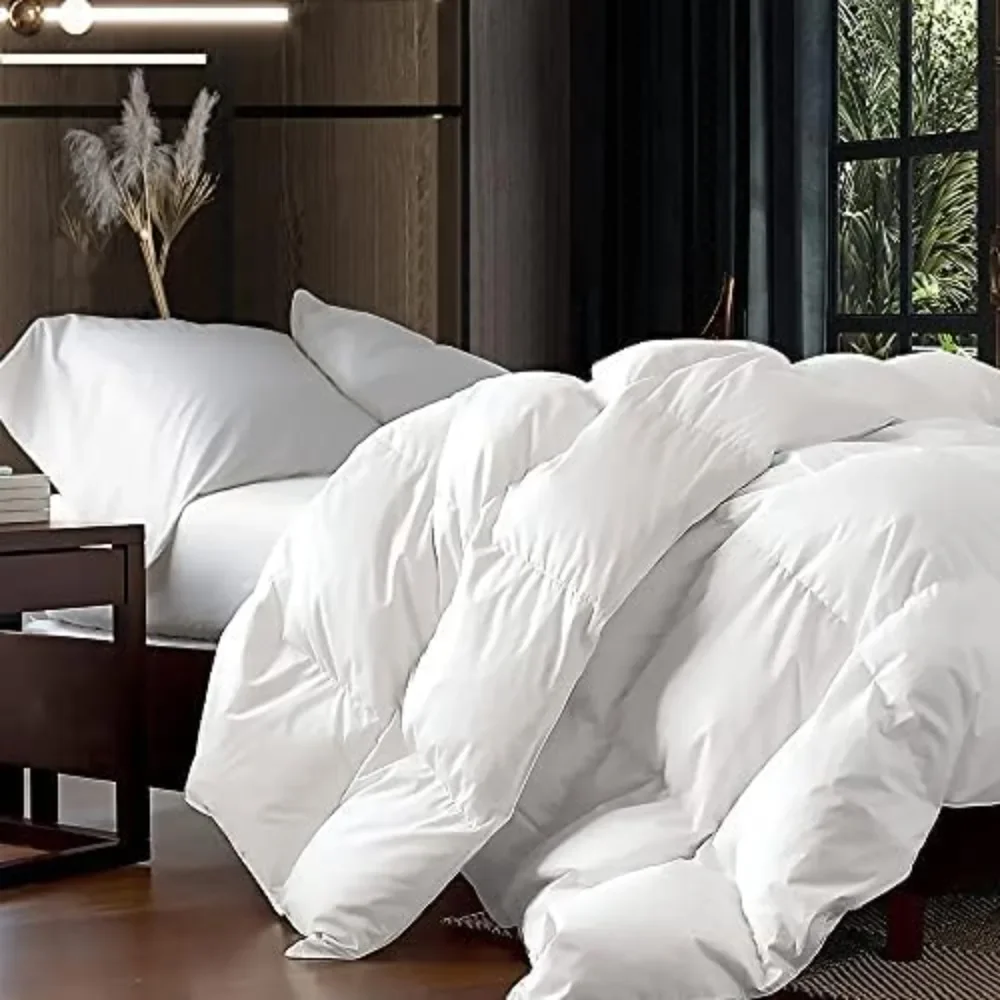 

Queen Size Goose Down Fiber Waterfowl Feather Fiber Comforter Duvet, 100% Egyptian Cotton Cover, 48 oz. Fill Weight