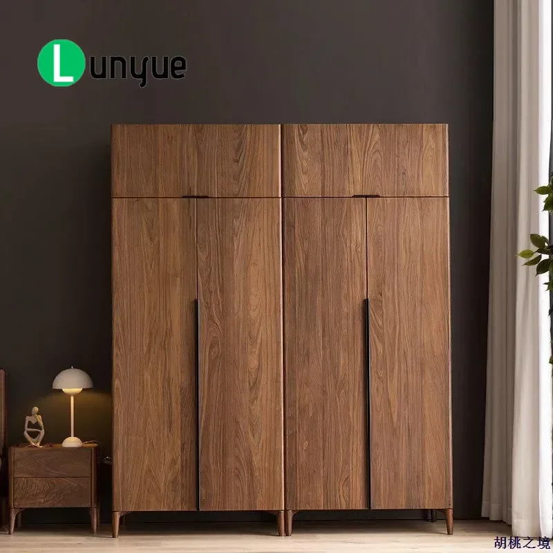 Nordic Simple Black Walnut Solid Wood Wardrobe Italian Modern Bedroom Multi Functional Clothes Hats Storage Cabinet Coat Rack