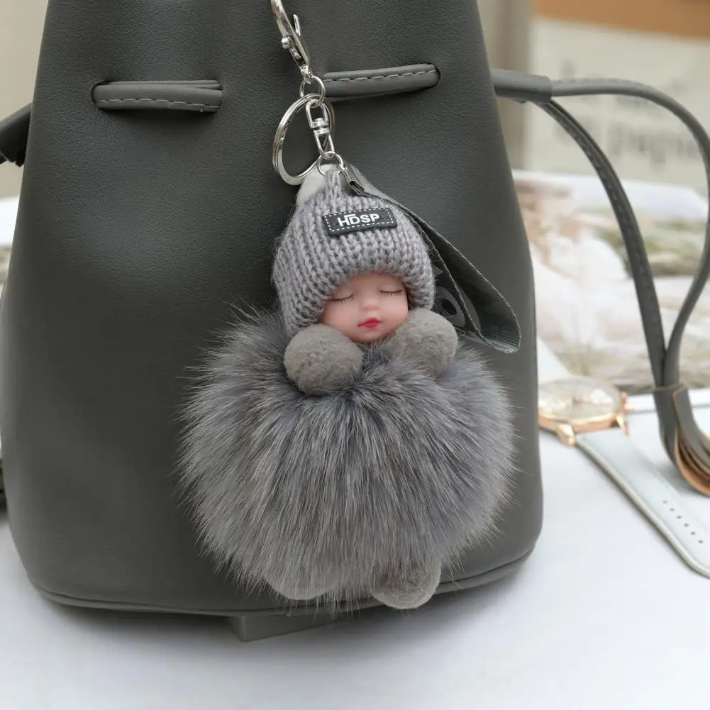 Pompom Sleeping Baby Keychain Cute Fluffy Plush Doll Fashion Keyholder Women Girl Bags Keyring Cars Key Ring Charming Decoration