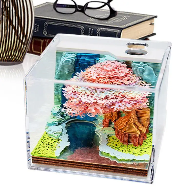 Paper Carving Art 3D Sticky Notes Mountain Treehouse Shape Note Pads Memo Pad With Acrylic Dust Cover Long-Lasting Design For