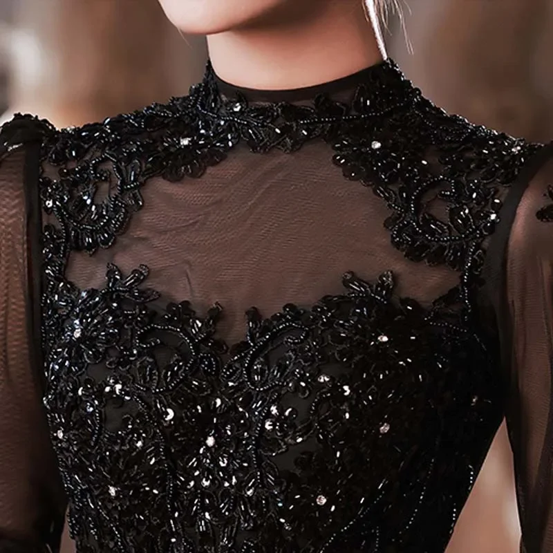 Black Eveing Dresses Beading Appliques High Collar Full Sleeves Zipper Back A-line Floor Length Plus size Lady Party Formal Gown