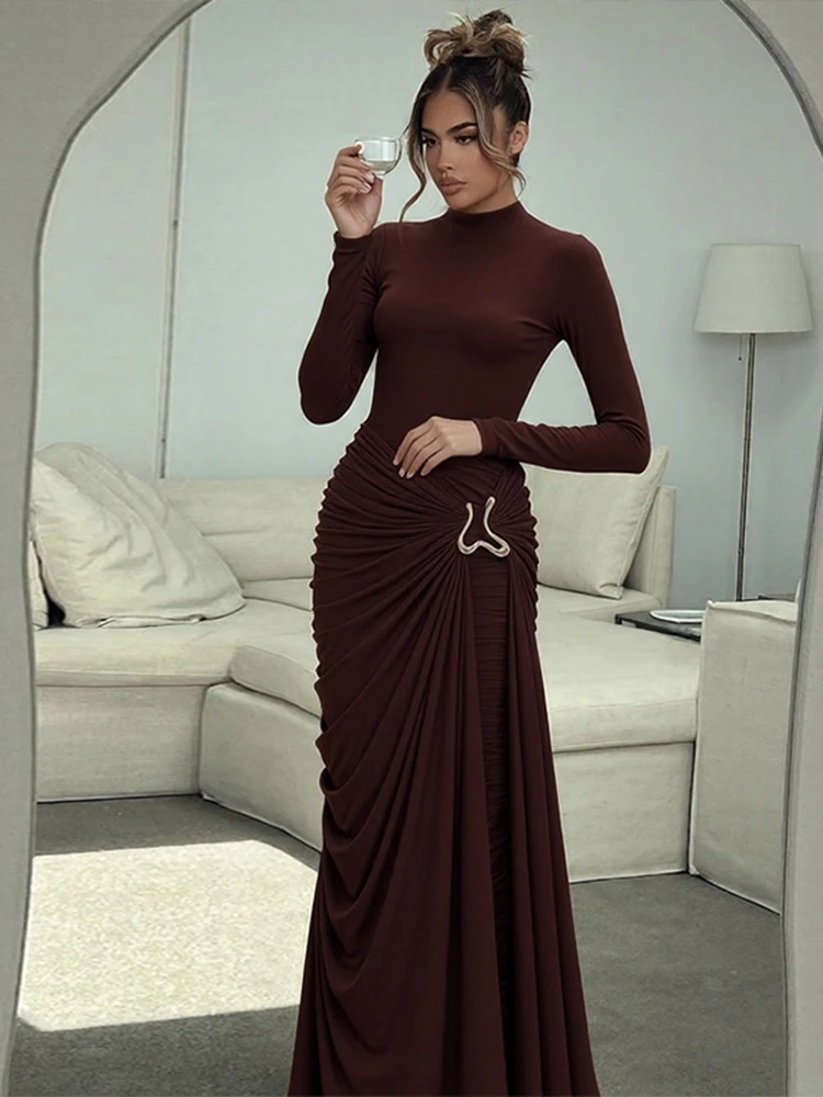 Weird Puss Elegant Ruched Dress Women Autumn Metal Trim o-Neck High Elasticity Trend Vacation Skinny Prom Party Chic Vestidos