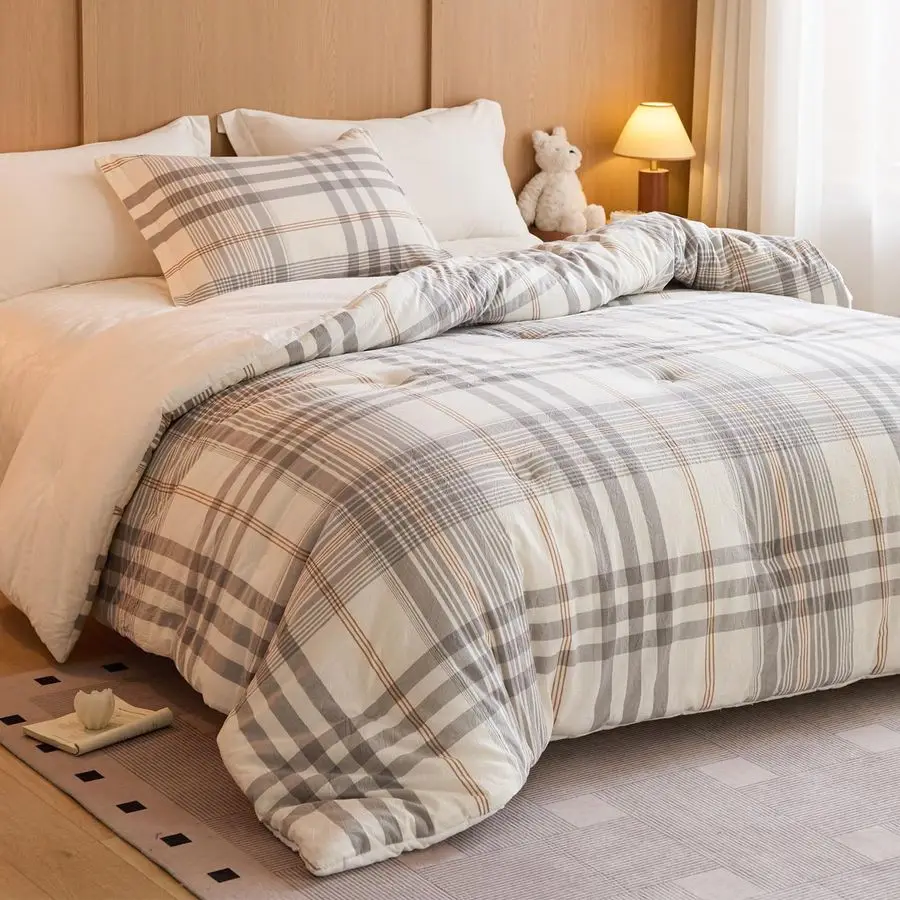 

Cotton Comforter Set Queen Size Reversible YarnDyed Checkered Design, Soft Washed Cotton on Both Sides, Lightweight AllSeason Be