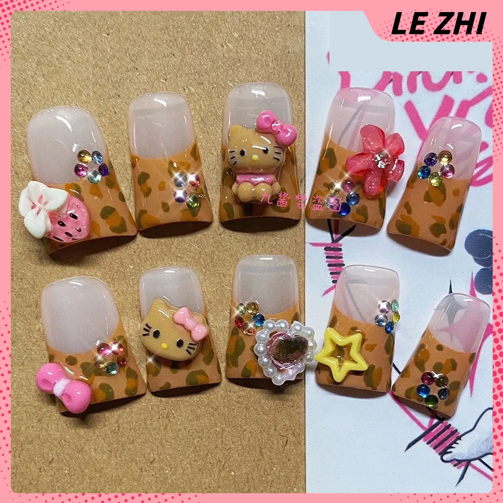 

Kawaii Duck-bill Shape French Press on Nails Hello Kitty Leopard Print Hawaiian Black Bark KT Handmade Full Cover Nail Tips Gift