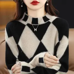 Pullover 2023 color contrast diamond check sweater women half high neck sweater loose  sweater knitting pullover female top