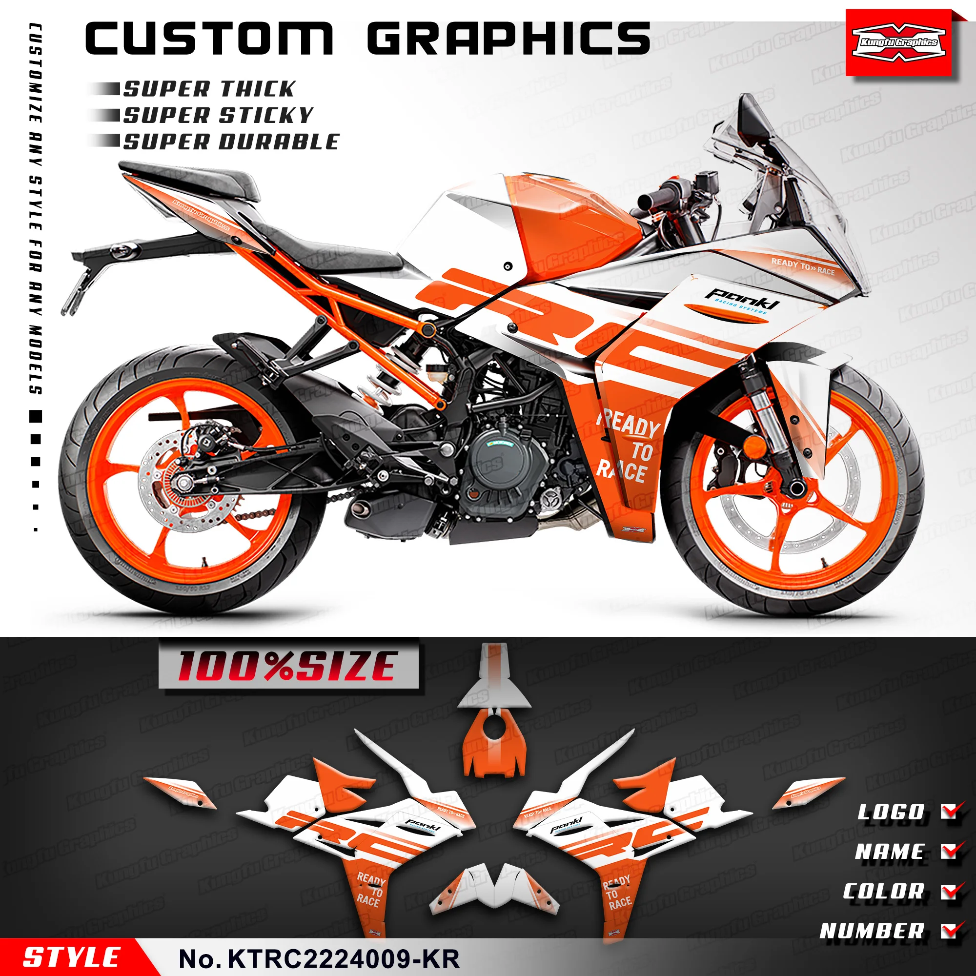 

KUNGFU GRAPHICS Sticker Kit Graphics Kit for KTM RC 125 RC 200 RC390 2022 2023 2024, White Orange, KTRC2224009-KR
