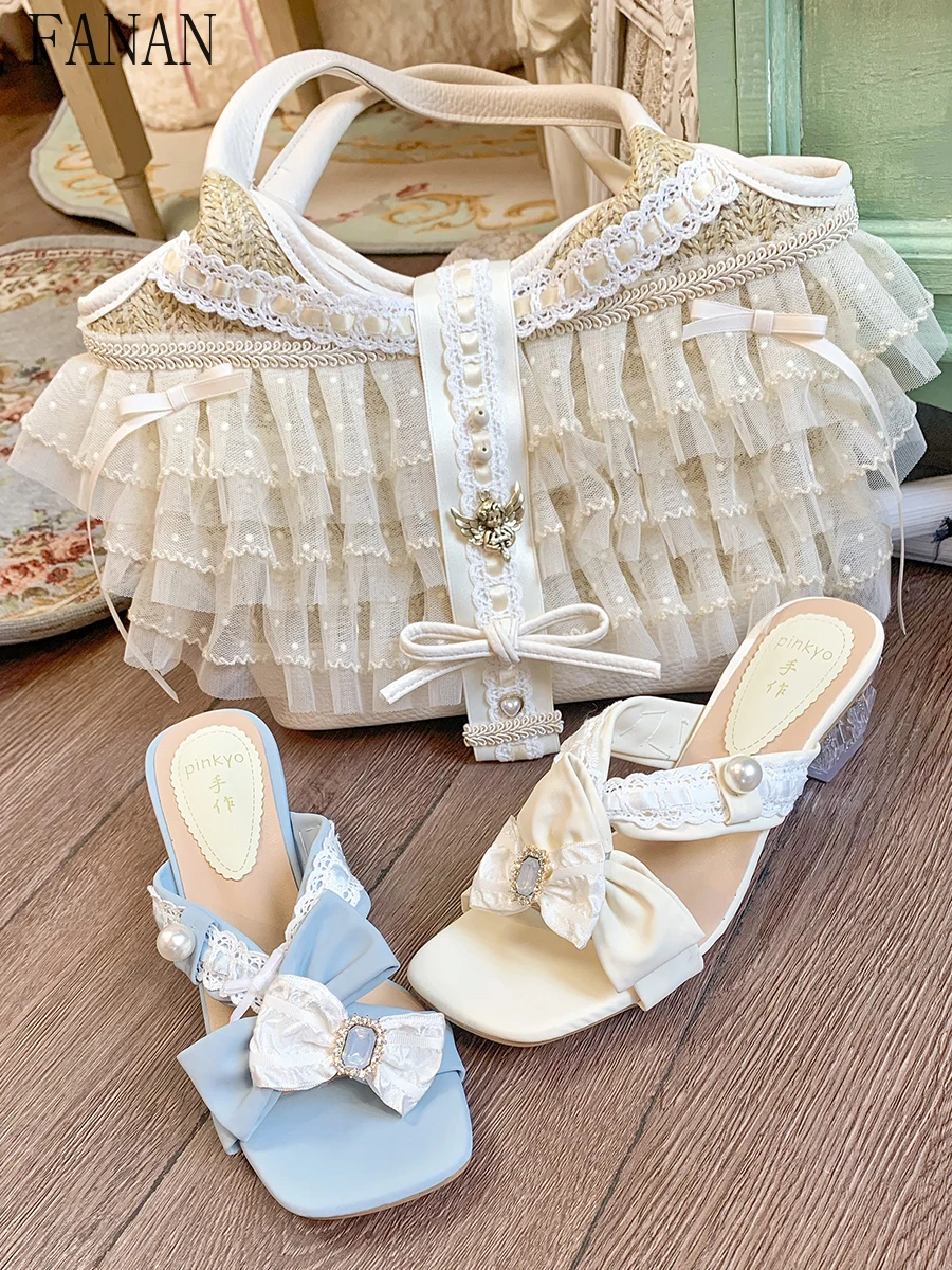 

Original Lace Ribbon Bow Vacation Lolita Style Ladies Woven Bag Elegant Hand-held Shoulder Kawaii Cute Women's Tote Bags