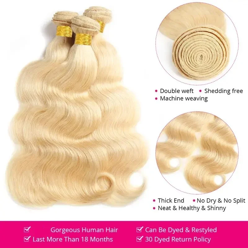 1B/613 Blonde Body Wave Bundles Human Hair 16A Brazilian Virgin Human Hair 240g Highlight Style Skunk Stripe Hair Quicky Weave Sew In - view 8