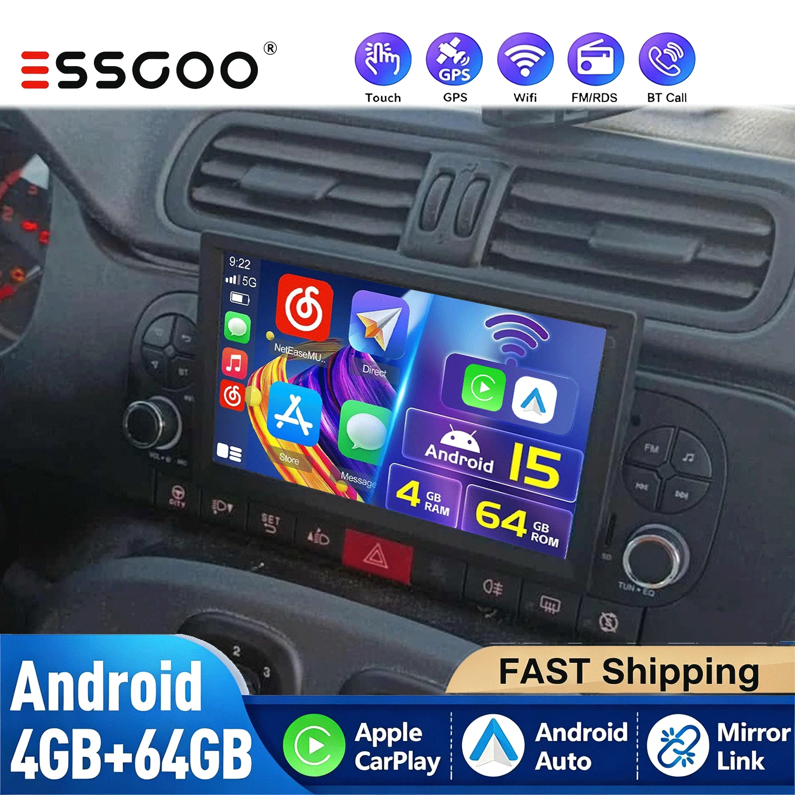 ESSGOO 4+64G Auto Radio für Fiat Panda 2013-2020, CarPlay Multimedia-Player, Stereo, Android Auto, GPS, RDS, NAV, WLAN, BT, DAB+, Kamera