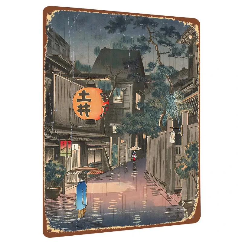 Vintage Japanese Rainy Alley Iron Painting Traditional Ukiyo e Style Wall Art Home Decor