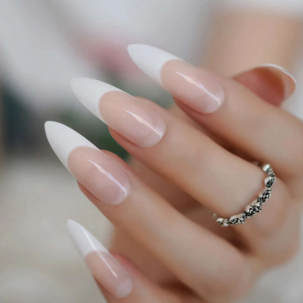 White French Tips Fake Nails Extra Long Stiletto False Nails Natural Painted Long Party Designed Nails 24 Count