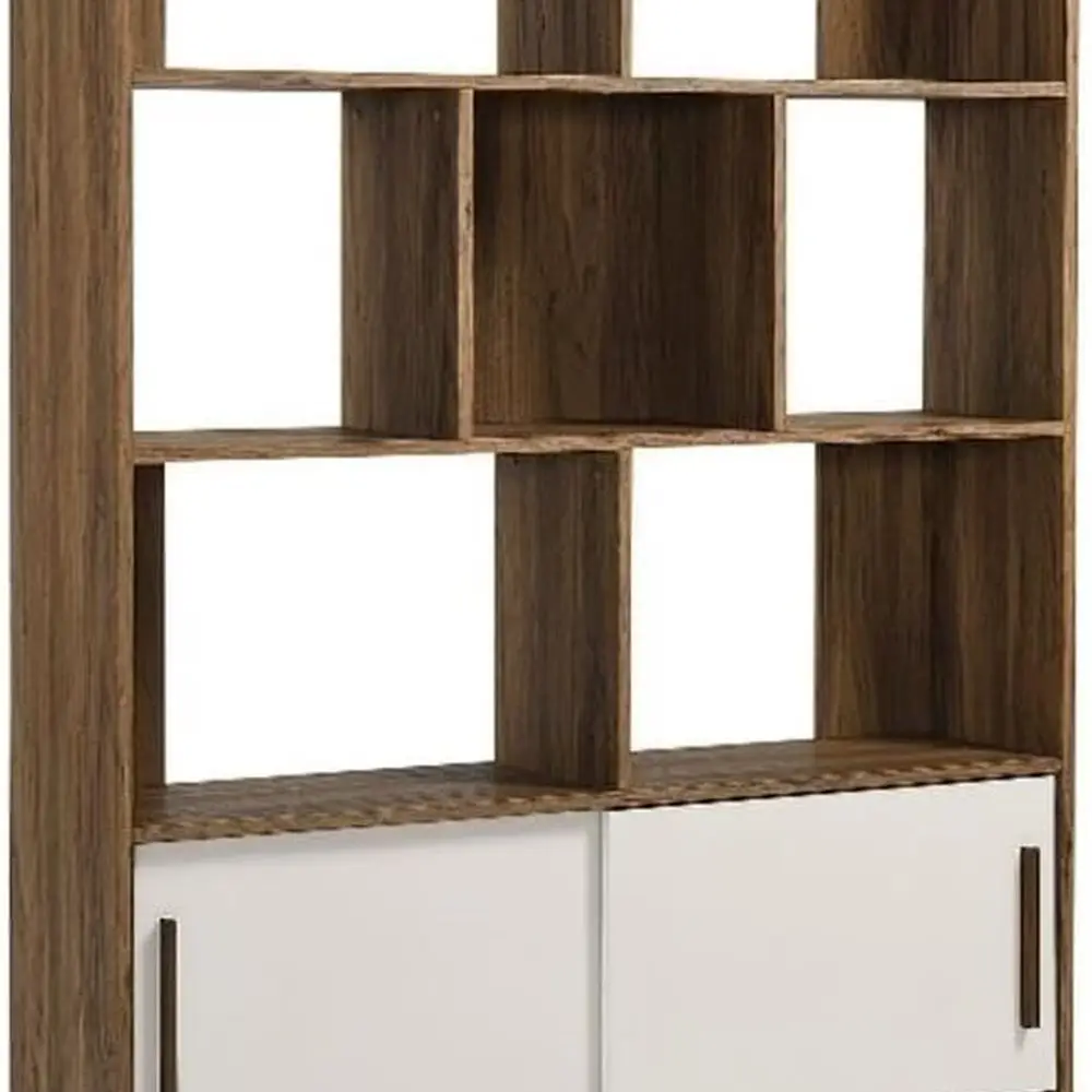 Walnut 45 Mid-Century Modern Bookshelf with Sliding Doors - 8-Tier Display Storage for Living Spaces and Offices
