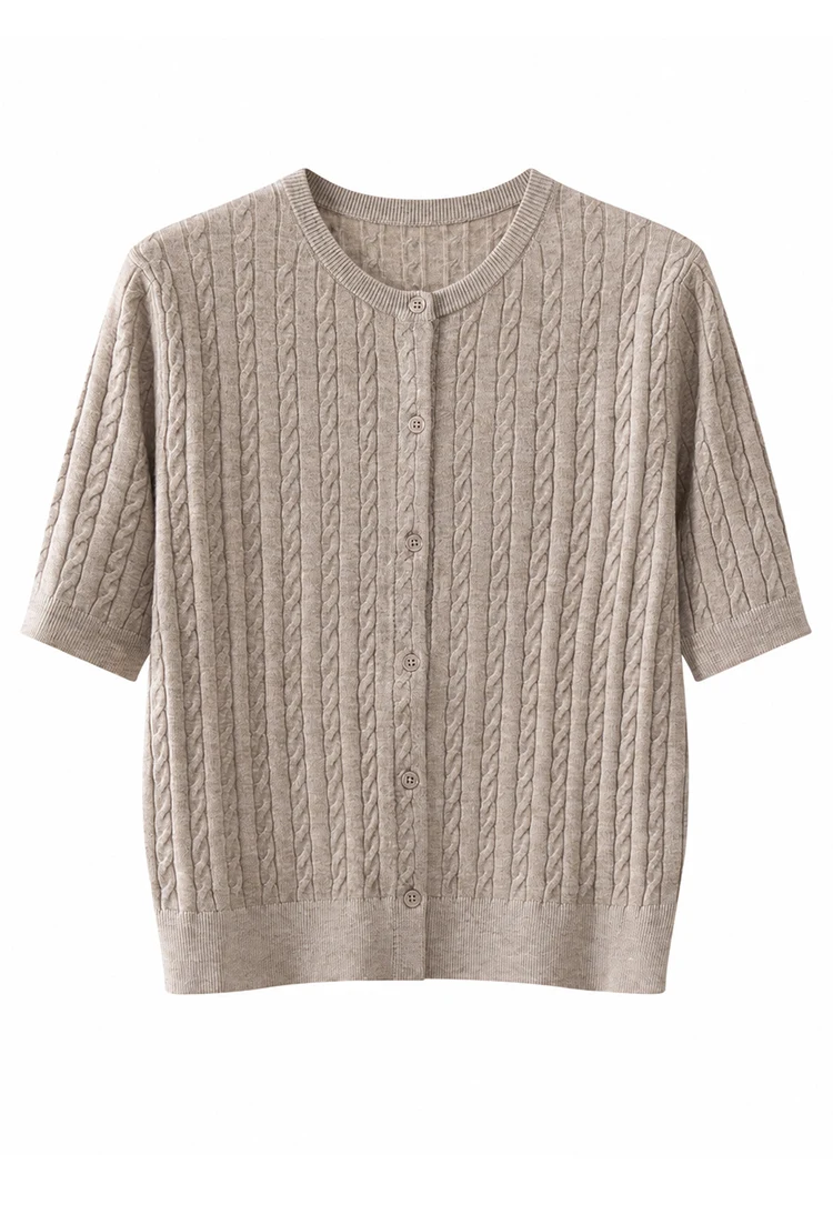MZ62006 Damen-Strickjacke mit Zopfmuster, Rundhalsausschnitt, kurzen Ärmeln, Knopfleiste, lockerer Schnitt, einfarbig, Modal-Mischung, lässiger Pullover für den frühen Herbst – Detail 15