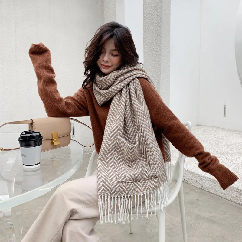 Shawl Women Poncho Korean Thicken Pocket Tassel Cape Femme Autumn Winter Fashion Multi-function Warm Scarf