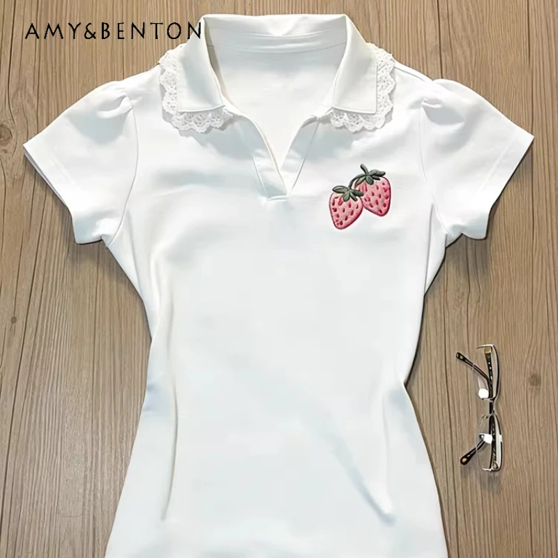 

2026 New Sweet Cute Fruit Print Women's T-Shirt Original Design Lace Slimming Y2k White Short Sleeve Polo Neck T-Shirts Ladies
