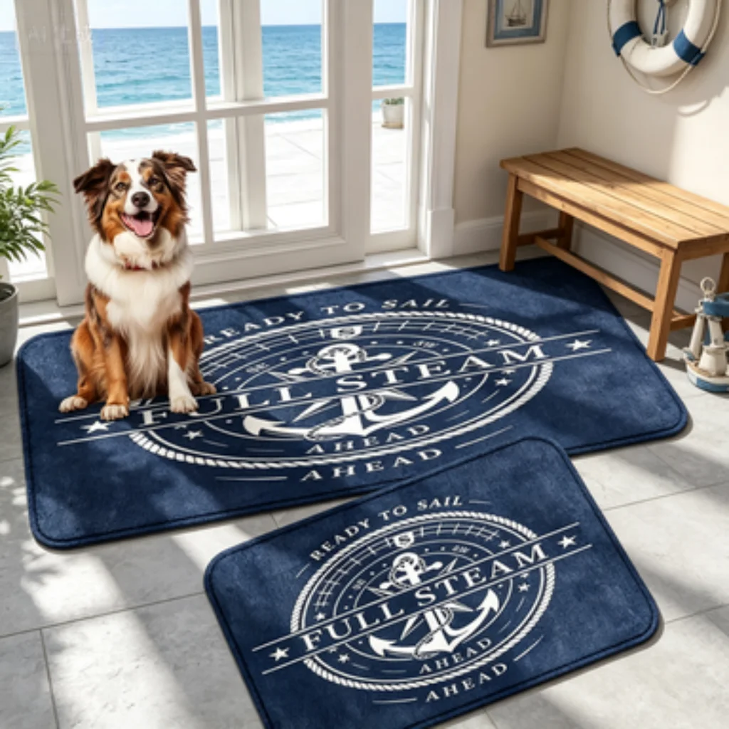 Navy Round Anchor Mat, Black Welcome Home Mat, Come In Runner, Navy Compass Key Mat, Noir Garden Mat.