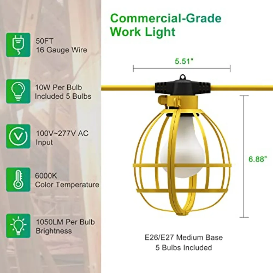 Construction String Lights, 5 Bulbs 50W 5250LM Work Lights with 5 Medium Base Sockets, Linkable Construction Lights, Weatherpro
