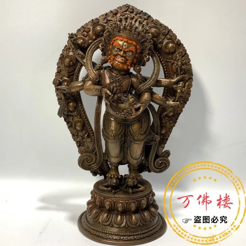 30cm Six-Arm Mahakala Protection Pure Copper Retro Buddha Statue Tibetan Home Blessing Ornaments 33.33cm