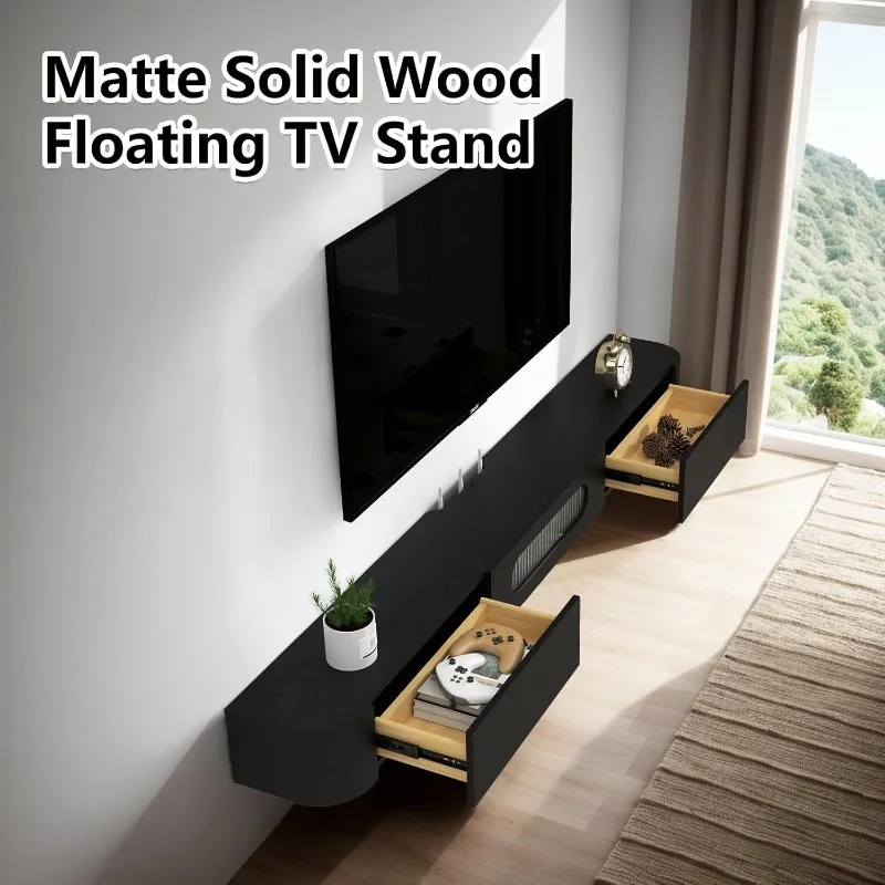 Floating TV Stand, 71'' Solid Wood Wall Mounted TV Cabinet, Floating Shelves with Glass Door & Drawers, Mid-Century Entertainmen