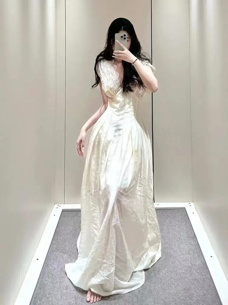 

Французское ретро, сверхмощное платье с вышивкой и V-образным вырезом, кружевное платье с застежкой на талии, потрясающее летнее длинное платье.