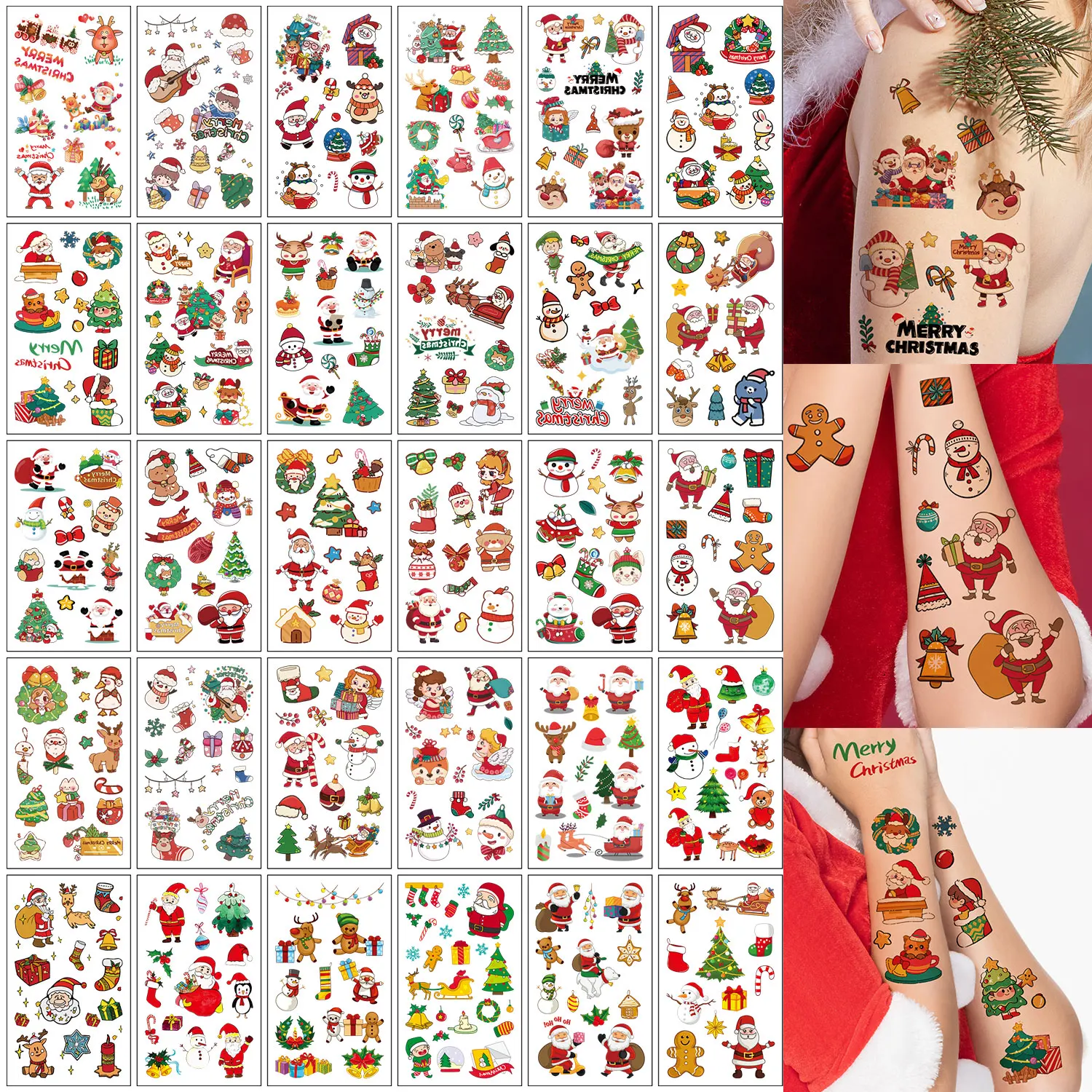 30 Sheets of Temporary Tattoo Stickers with over 300 Cartoon Christmas Elements, Including Santa Claus, Christmas Trees, Snowmen, Gifts, and Christmas Decoration Elements; Suitable as Christmas Gifts