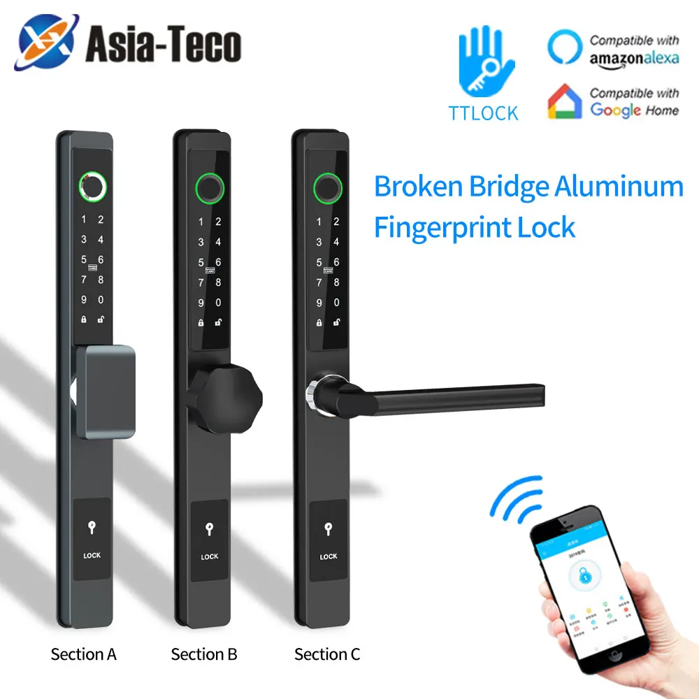 

Ttlock App Smart Lock Bluetooth Fingerprint Handle Digit Electric Lock for Framed Glass Sliding Wooden Heat Broke Aluminum Door