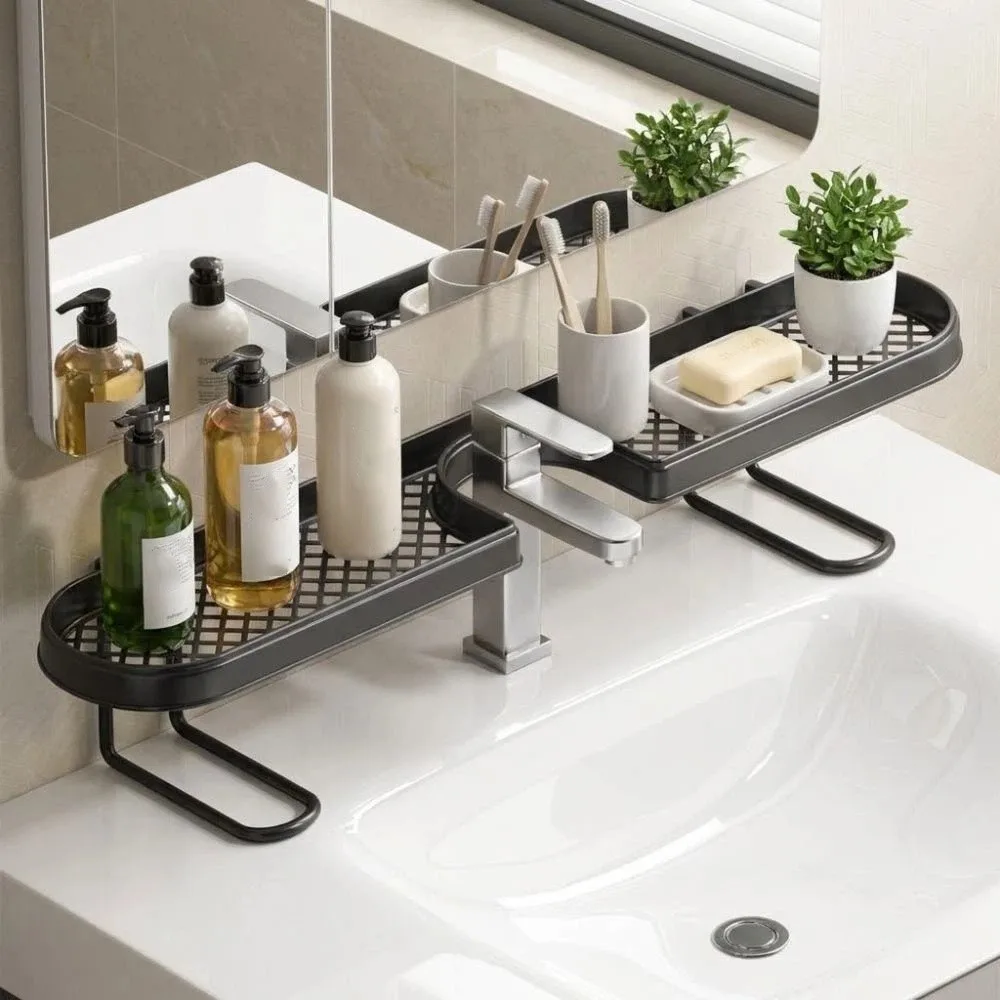U-shaped Bathroom Storage Rack Water Drainage Dual-grid Faucet Storage Shelf Mesh No-Drill Kitchen Organizer Rack Sink