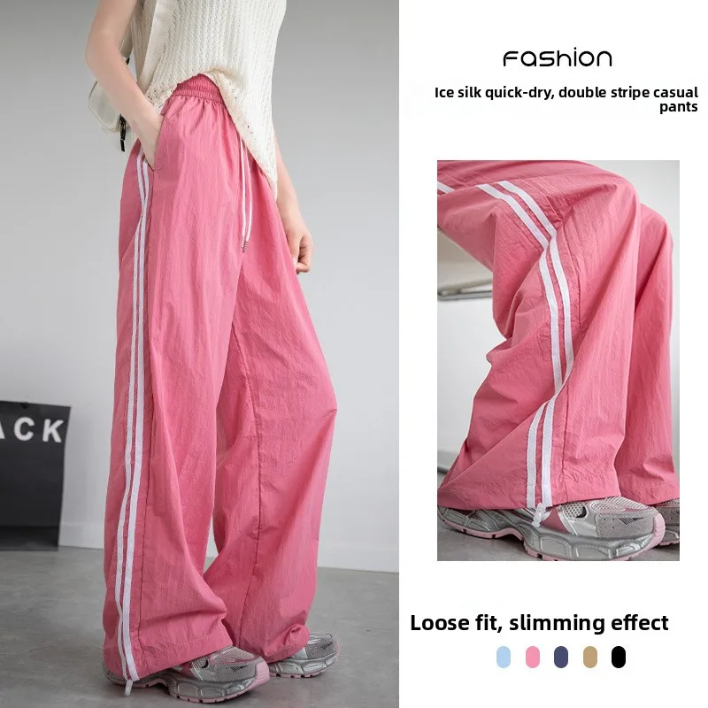 

Синие ретро-спортивные брюки для женщин, летние, тонкие, с высокой талией, драпированные, повседневные, из ледяного шелка, широкие, в корейском стиле, для работы и отдыха