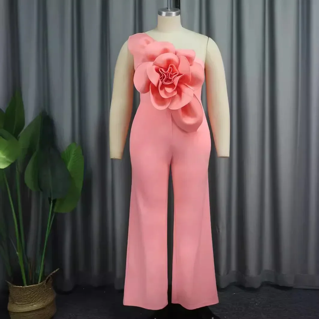 One-shoulder Collar Sleeveless Jumpsuit, European and American Fashion Three-dimensional Flower Long Jumpsuit for Women Summer