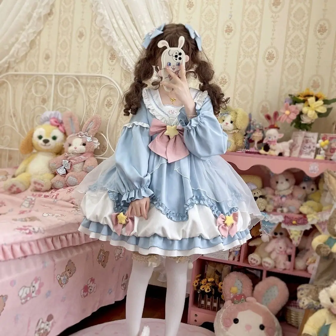 

Весеннее женское платье контрастных цветов с бантом и рукавами- епископа, полный комплект, матросский воротник, длинный рукав, бутон цветка, лоскутная сетчатая пряжа Лолита