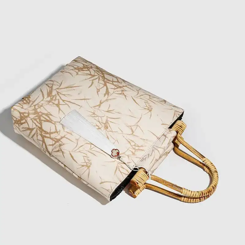 Retro Pattern Beige Handbag Women Bamboo Handle Cheongsam Dress Large Capacity Banquet Bag Ladies Elegant Premium Purse