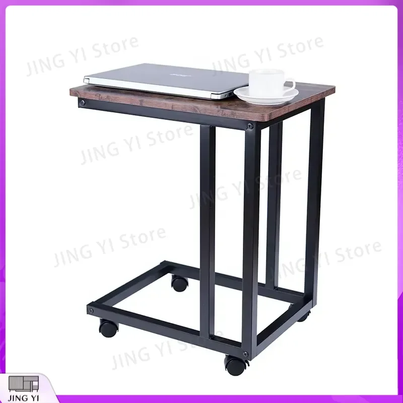 

C Shaped Wooden Metal Sofa Table with Wheels Modern Laptop Desk Coffee Side Table for Living Room Bedroom Office Workstation
