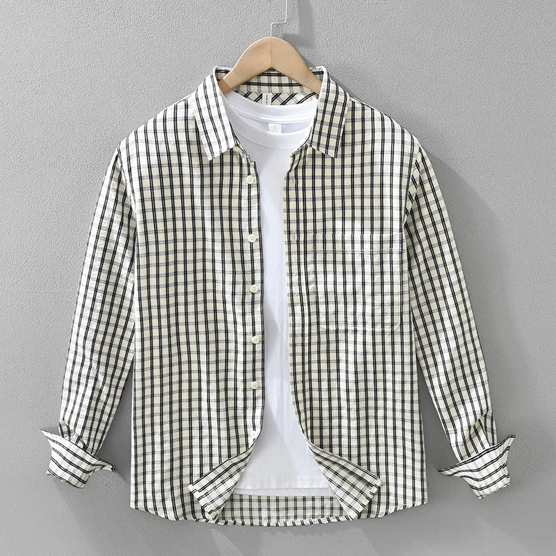

Loose Fit Plaid Long Sve irt Men's Spring New Sle Fre Trendy Casual Coat Faionable Urban Youth Polyester Blend