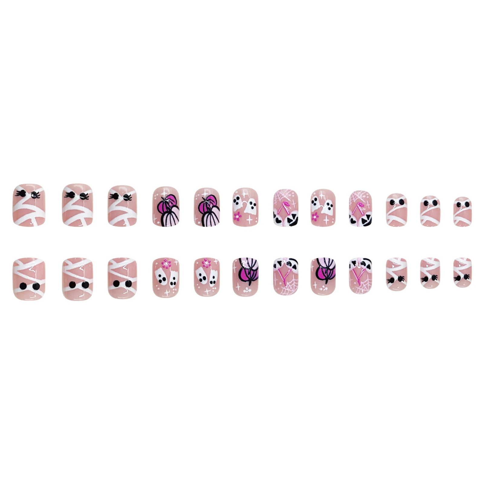 24 Stück Halloween-Themen-Klebenägel, niedliche rosa-weiße Designs mit Geist, Kürbis, Spinnennetz und Mumie, kurze quadratische Kunstnägel – Detail 7