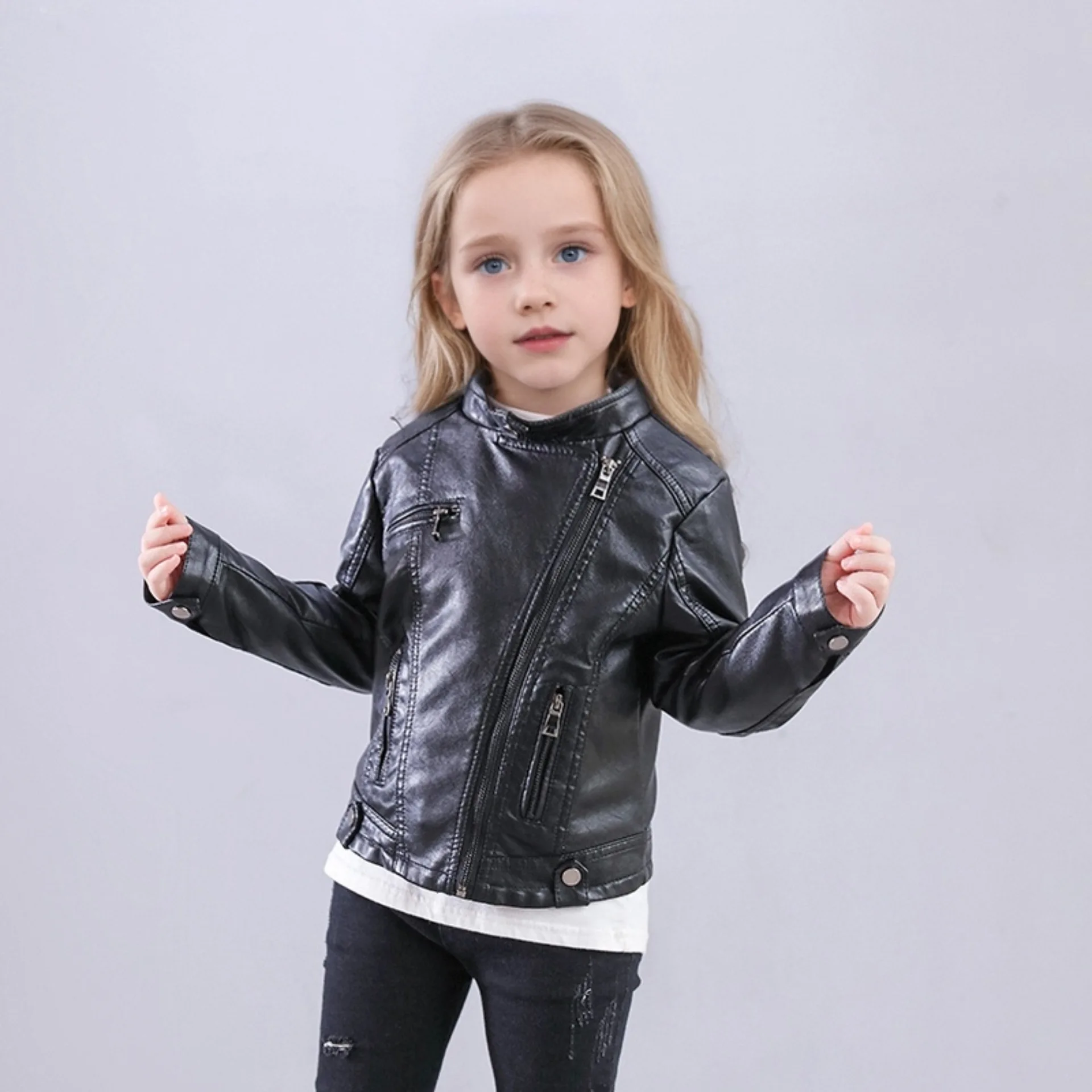 

Girls Black Rock Motorcycle Pu Leather Jacket Kids Street Photography Wear Children Waterproof Windproof pu Coat 2-12Y New Year