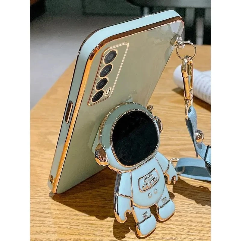 Crossbody Lanyard Astronaut Bracket Plating Case for Huawei P smart 2021 Y7a Coque Silicone Cover