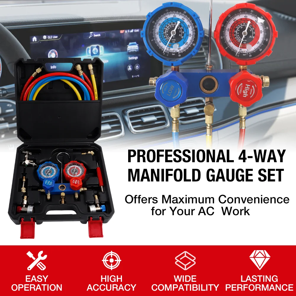 Car Air Conditioning Manifold Gauge Kit, Car Air Conditioning Refrigerant Charging Tool, 1/4" Connector, For R-134a Refrigerant