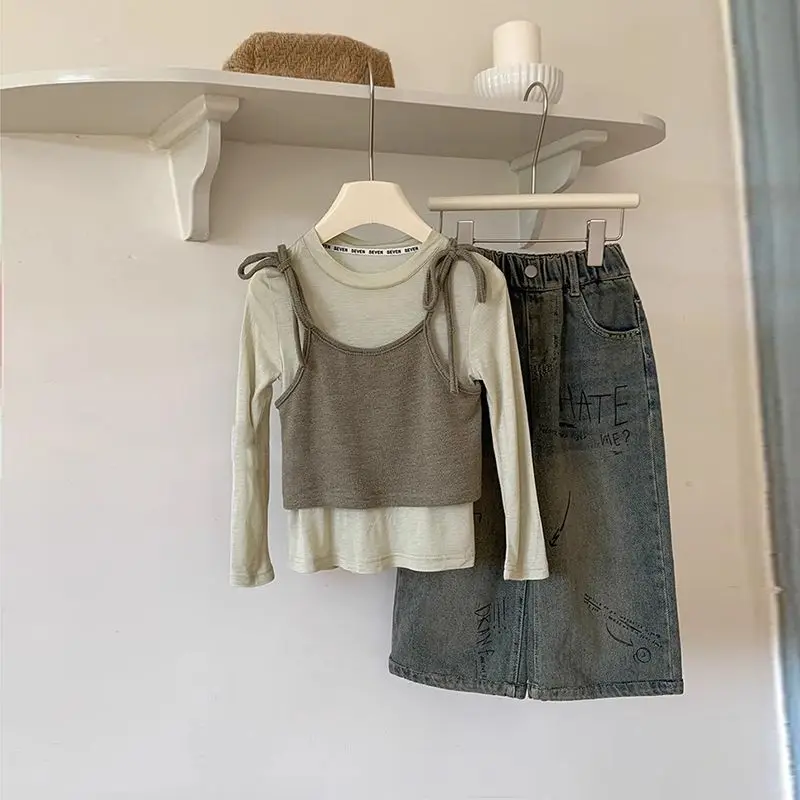 Girls Spring Fall Set 2026 New Kids Stylish Strapless Long Sleeve Little Girl Fall Wide Leg Pants Three Piece Set
