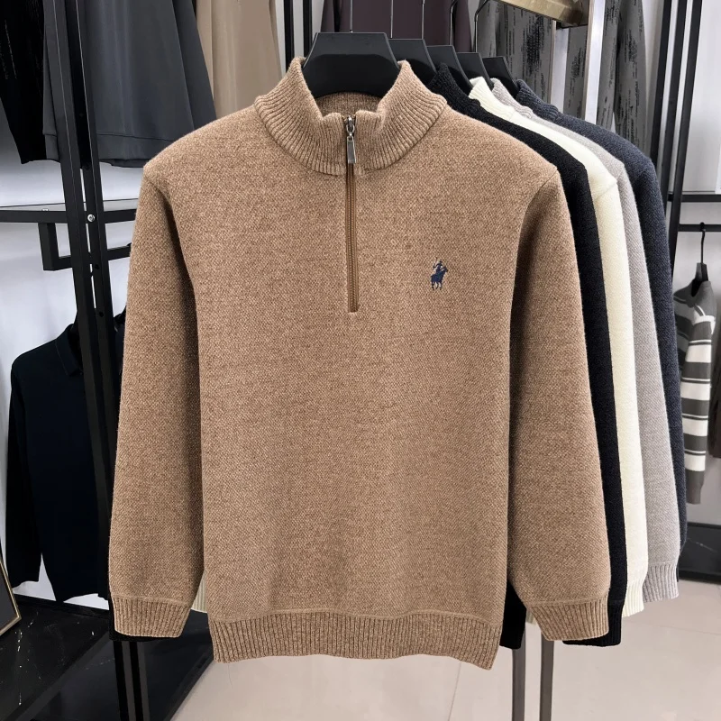 Luxuriöser Herren-Langarm-Strickpullover mit halbem Reißverschluss, Pferde-Stickerei, Stehkragen, Winter-Neuheit, Warmer, Stilvoller, Verdickter Herrenpullover – Detail 9