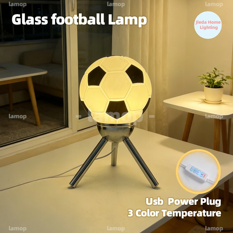 Murano Glass Soccer Ball Table Lamp Three Color Tone Lighting Tripod Base Creative Lamp For Kids Room Desktop Furnishing