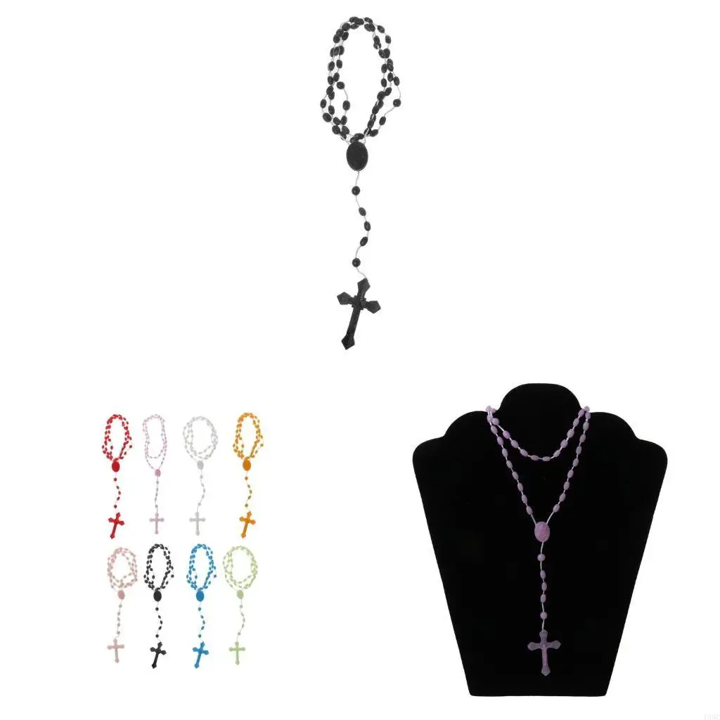 195C Random Colors Rosary Beads Necklace Noctilucent Crosses Pendant Necklace Collarbone Chain for Elders