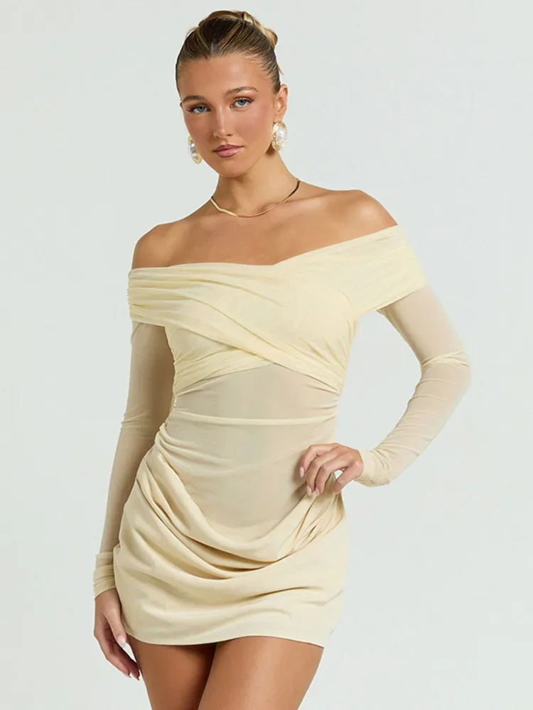 

Off-shoulder Long Sleeve Sexy Mini Dress Women Fashion Strapless Backless Ruched Skinny Club Party Dress Female New