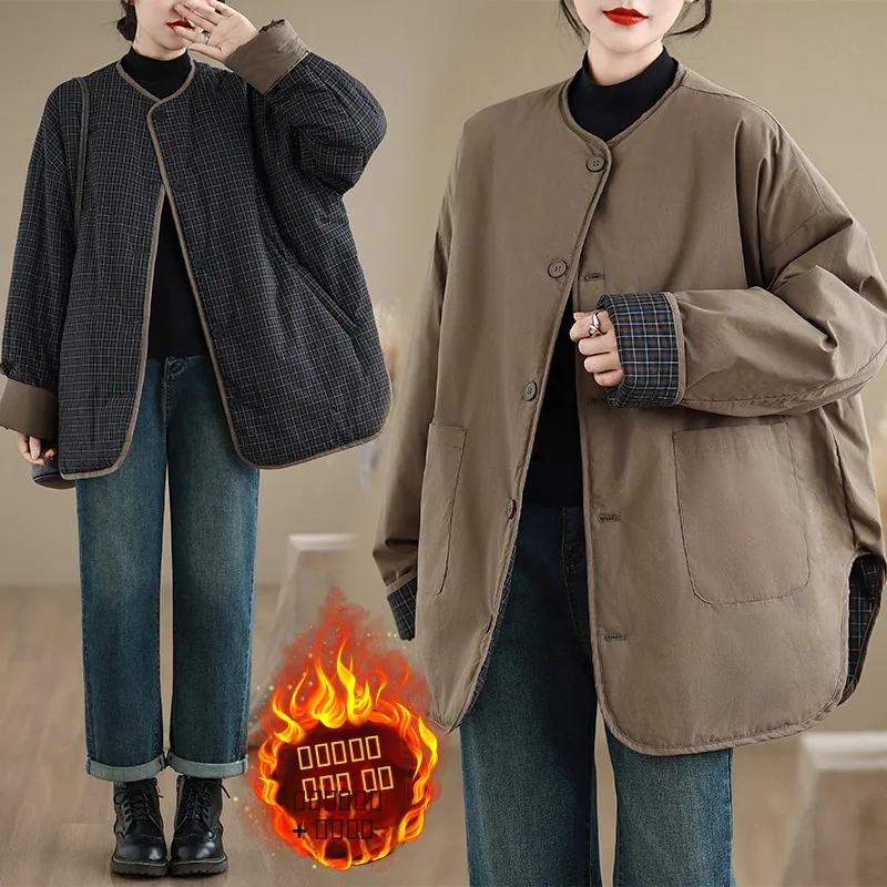 

Artistic Vintage Loose Fit Long Cotton Jaet Double Sided Plaid Design Thiened Winter Coat for Women plus Size Slimming