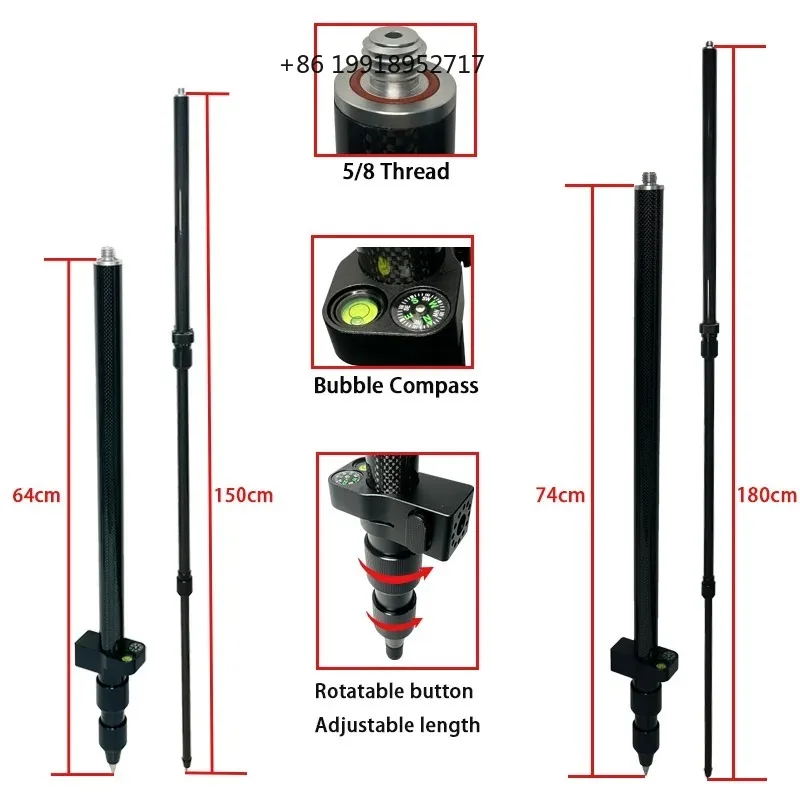 Telescopic Centering Pole Portable Carbon Fibre Pole 74-180cm/64-150cm RTK Prism Pole Surveying Rod 5/8x11 Thread JJ352